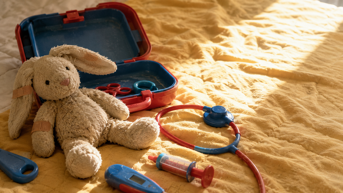 A worn stuffed rabbit on a sunlit yellow bedspread, fabric bandaids stuck on its ear, chest, and leg, beside an open red toy doctor kit with its tools spilled across the blanket.