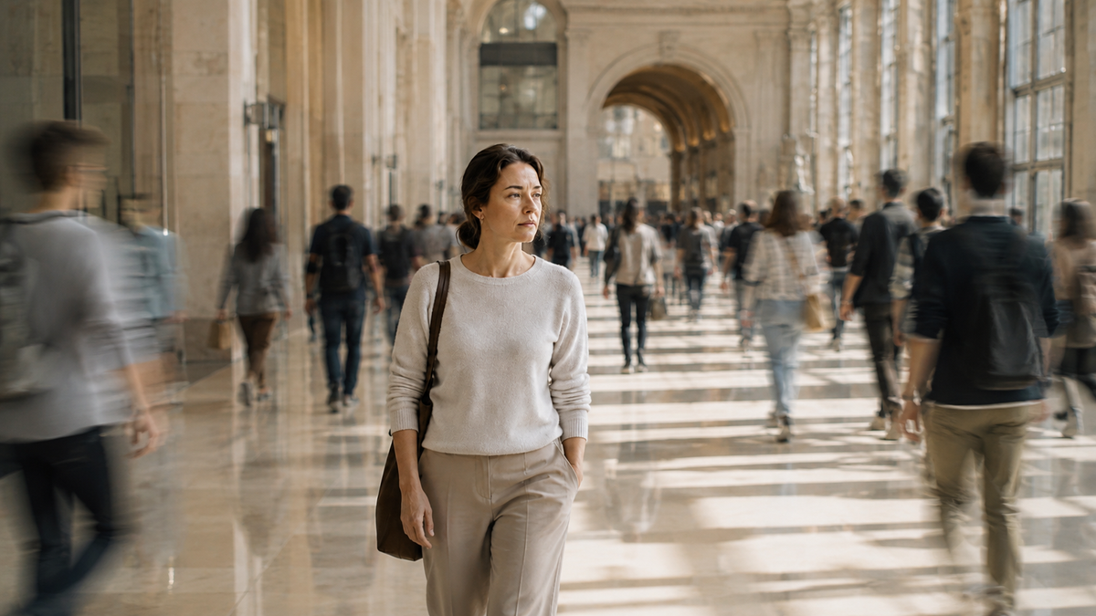 Woman standing thoughtfully in a bright public hall while motion-blurred people move around her, suggesting a sense of disconnection from familiar life.