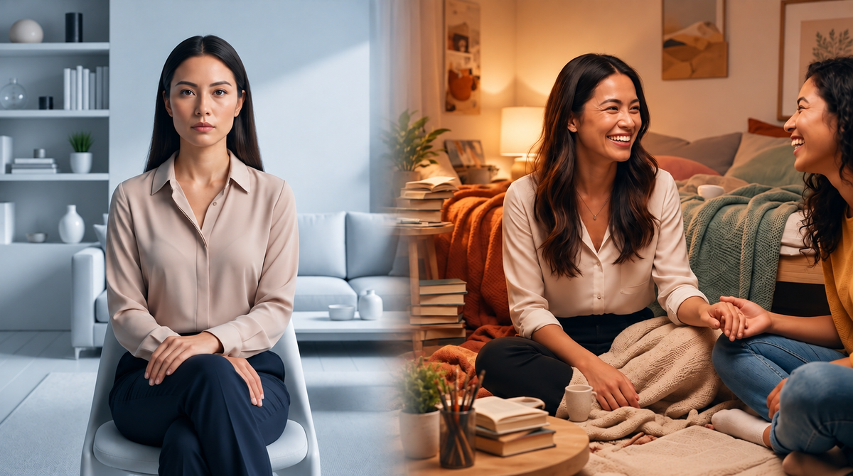 Split image of a woman sitting alone in a tidy, cool-toned room and smiling with a friend, their hands joined, in a warmly lit room with books and blankets.