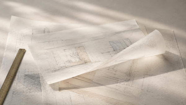 Layered translucent architectural drawings spread across a light surface, with one sheet gently curled upward and soft sunlight creating subtle shadows.