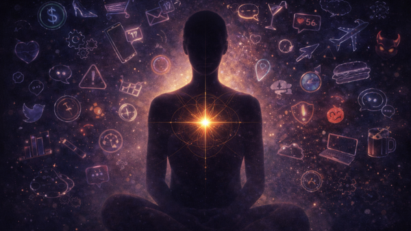 A silhouetted seated figure with a glowing light at the heart, surrounded by floating symbols, icons, and cosmic light.