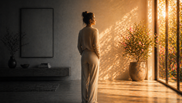 A person stands quietly in a softly lit room near large windows, facing warm golden light as shadows fall across the space.