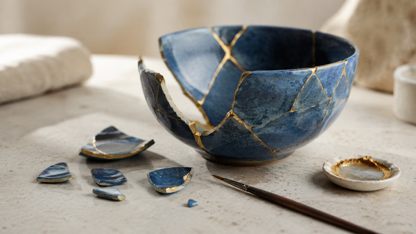 A blue ceramic bowl in the process of kintsugi repair, with visible cracks, gold seams, and loose pieces on a neutral surface.