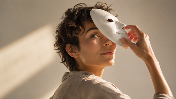 A person holds a white mask beside their face in warm natural light, revealing one eye and part of their face behind the mask.