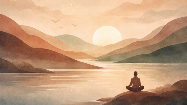A seated figure meditates on a rock beside a calm lake at sunrise, surrounded by layered hills and soft warm light.