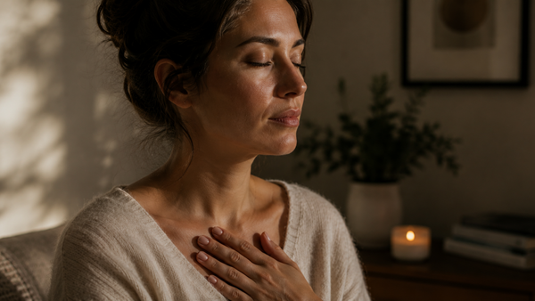 A woman sits with her eyes closed and one hand on her chest in a warm candlelit room.