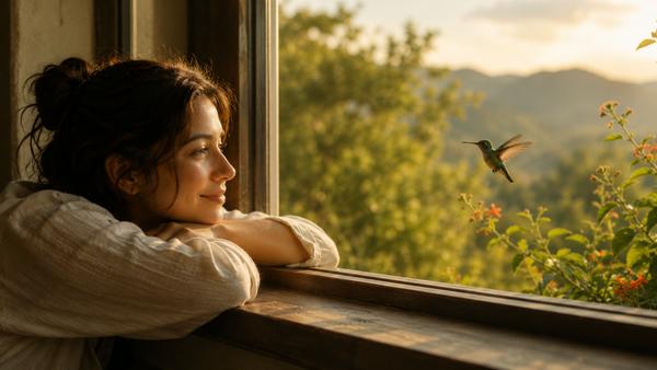 A woman leans at an open window in warm sunlight, watching a hummingbird hover near flowers with green hills in the background.