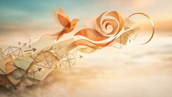Layered papers, handwritten notes, numbers, arrows, and geometric sketches lift into a warm abstract spiral, suggesting the past transforming into insight.