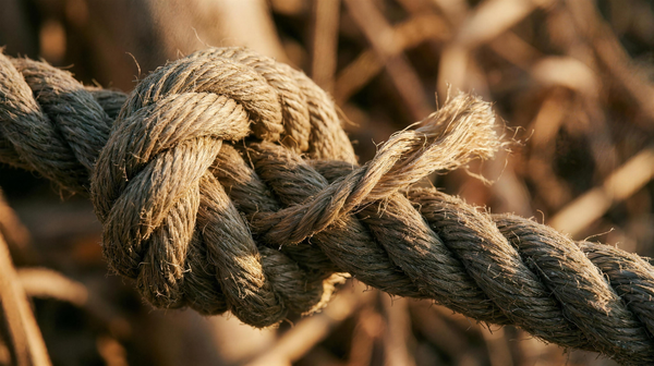 Close-up of a thick rope knot with one fiber strand pulled loose from the tight weave, warm side light catching the texture against a softly blurred background.