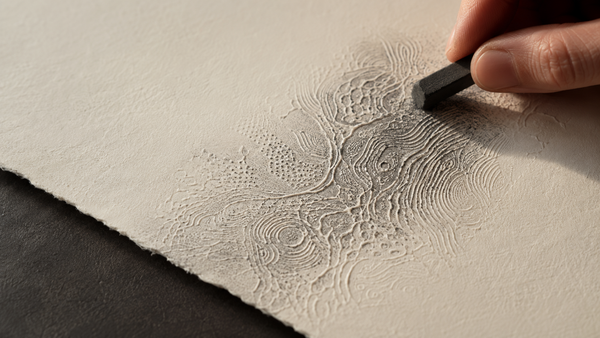 A hand rubs charcoal across cream paper, revealing an intricate embossed pattern of organic contour lines already pressed into the sheet. Most of the paper is still blank.