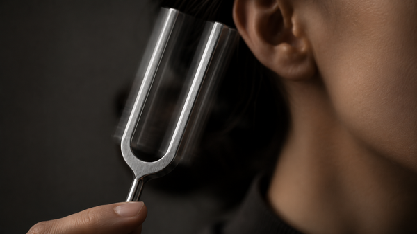 Close-up of a metallic tuning fork vibrating beside a person’s ear, with the tuning fork in sharp focus and the face softly blurred.