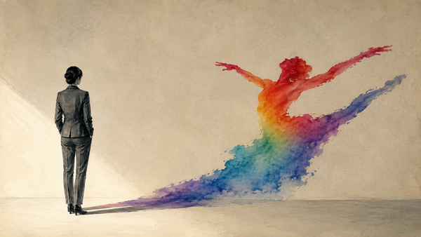 A woman in a grey suit stands with her back to us, casting a long shadow that becomes a dancer mid-leap, painted in flowing rainbow watercolor across a pale wall and floor.