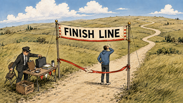 Person beyond a finish line on a winding road through rolling hills while an official packs up nearby.