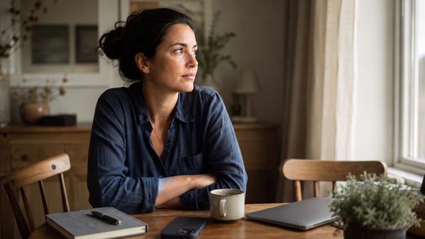 A woman pauses at a wooden table and looks toward a bright window. A closed laptop, face-down phone, notebook, pen, mug, and plant sit nearby.