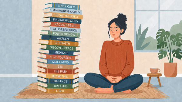 A tense woman sits cross-legged with clasped hands beside a towering stack of self-help books labeled with themes such as inner calm, mindfulness, balance, and light.