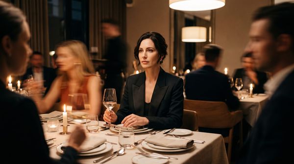 A composed woman in a black suit sits at a formal dinner holding a wine glass while the guests around her are blurred in motion.