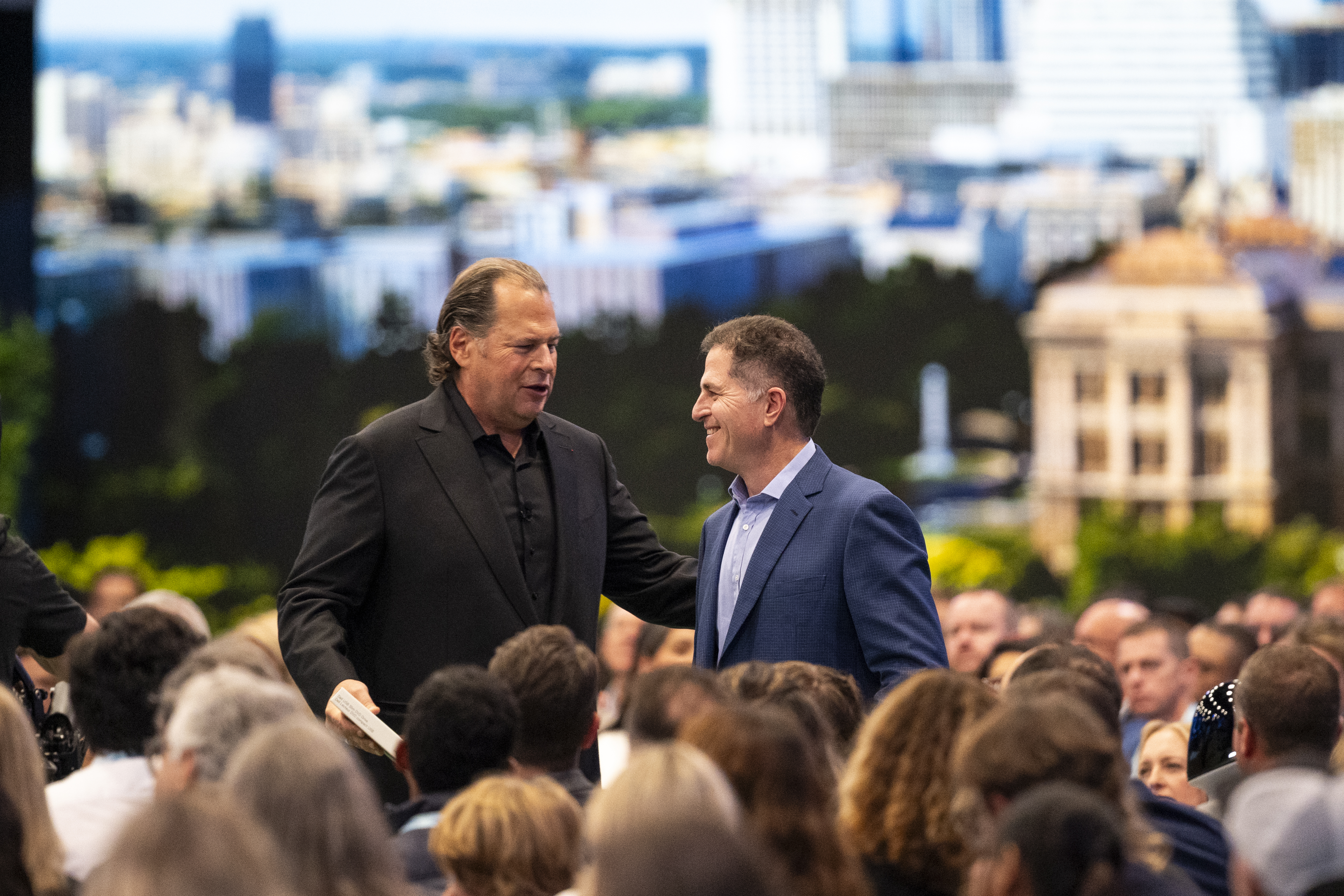 Marc Benioff and Michael Dell appearing at Dreamforce 2025 keynote in San Francisco.