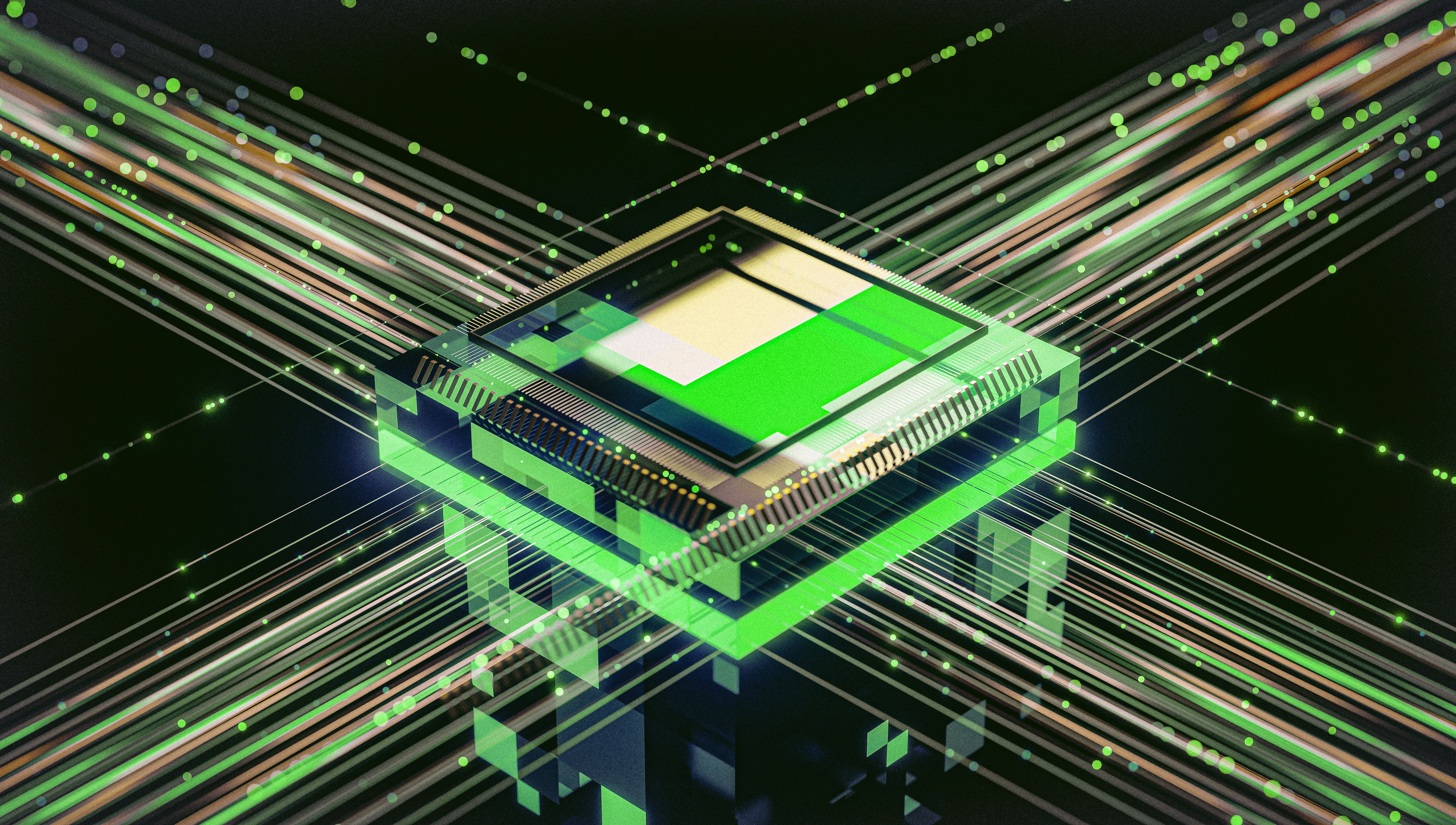 A stylized digital illustration of a green computer chip glowing at the center of intersecting data streams, symbolizing high-speed computing and AI data processing.