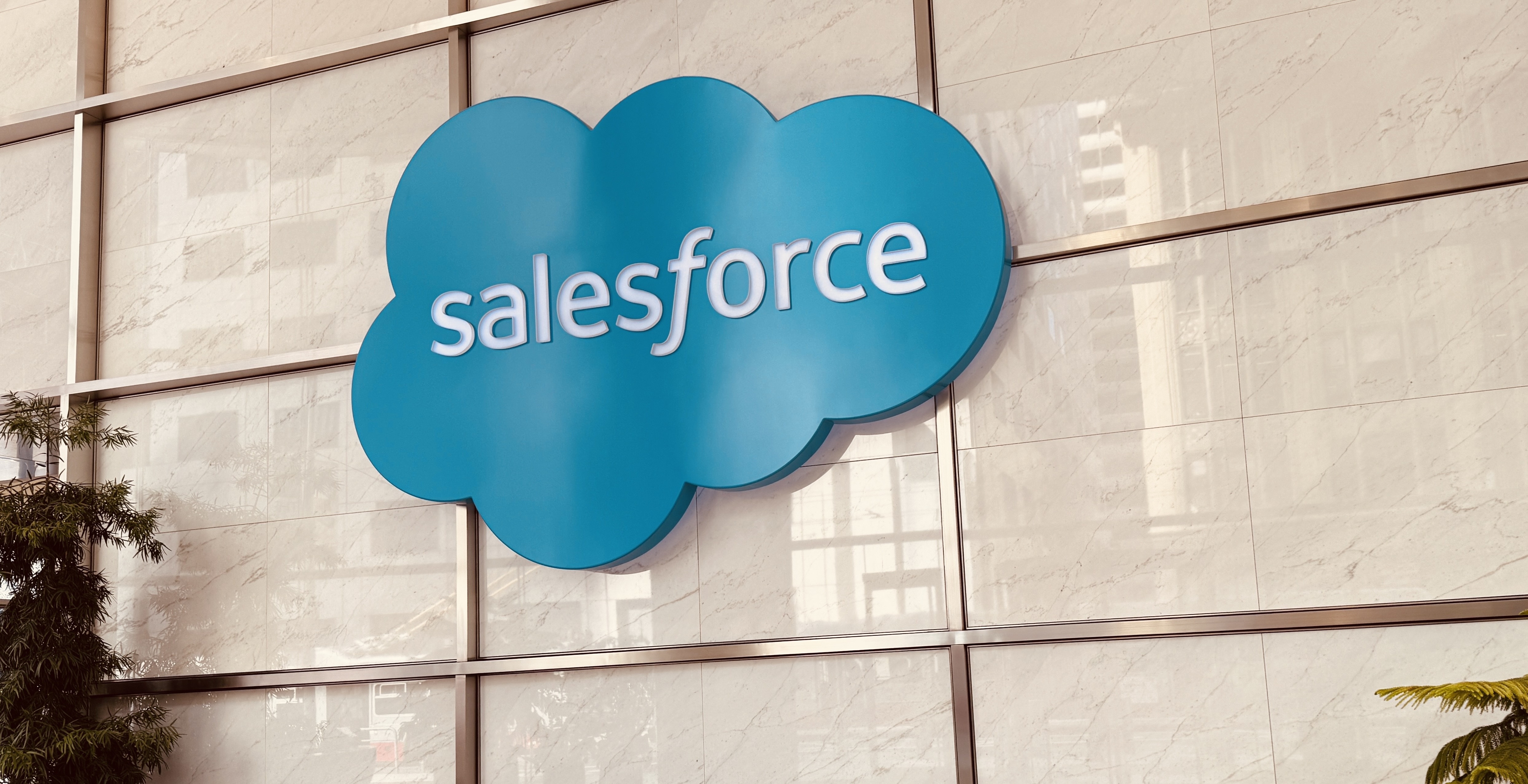 Salesforce logo on wall at Salesforce Tower in San Francisco.