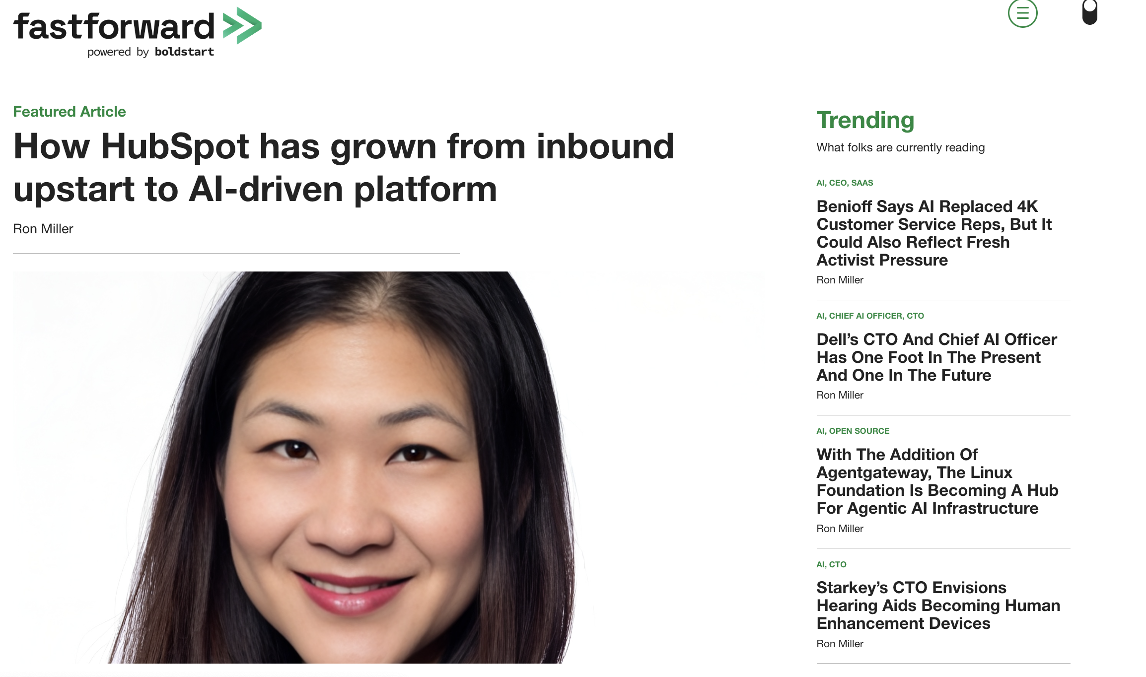 Screenshot of the FastForward website featuring a headline article titled "How HubSpot has grown from inbound upstart to AI-driven platform" by Ron Miller, with a large headshot of a smiling woman beneath it. On the right side, a "Trending" section lists other articles, including pieces on Salesforce, Dell, the Linux Foundation, and Starkey.