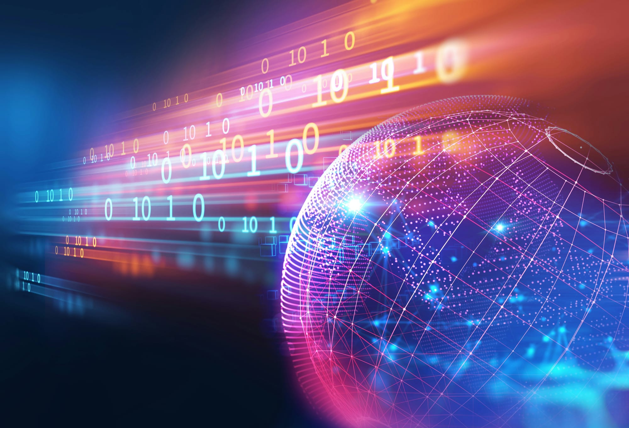 Digital globe with streaming binary data representing global information flow.