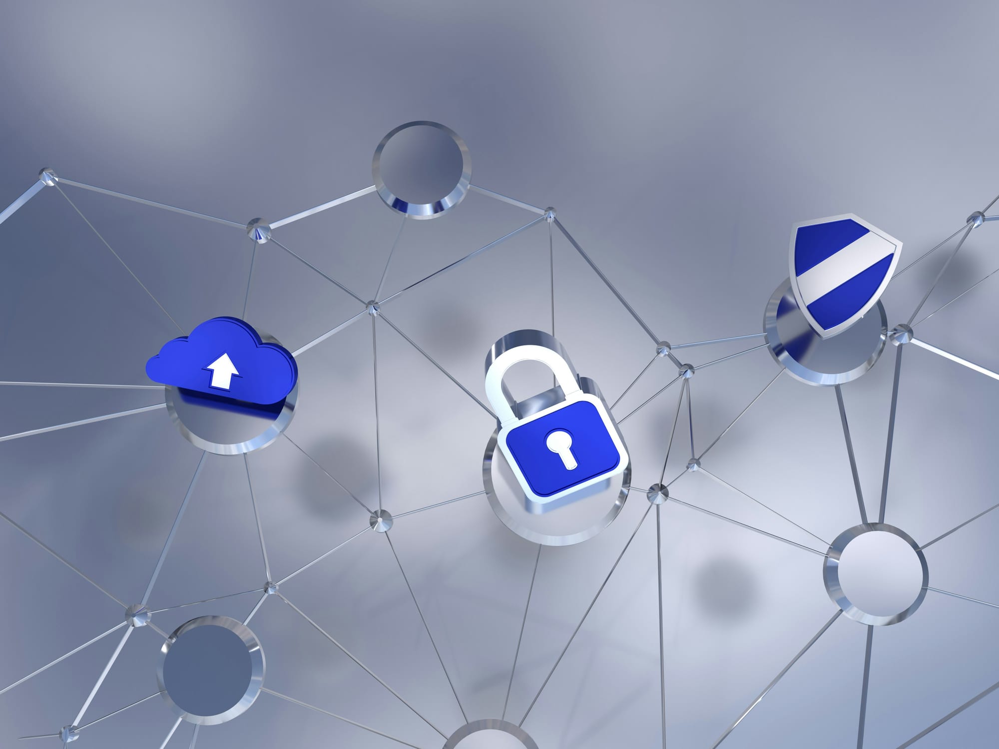 Network security icons with lock, cloud and shield connected.