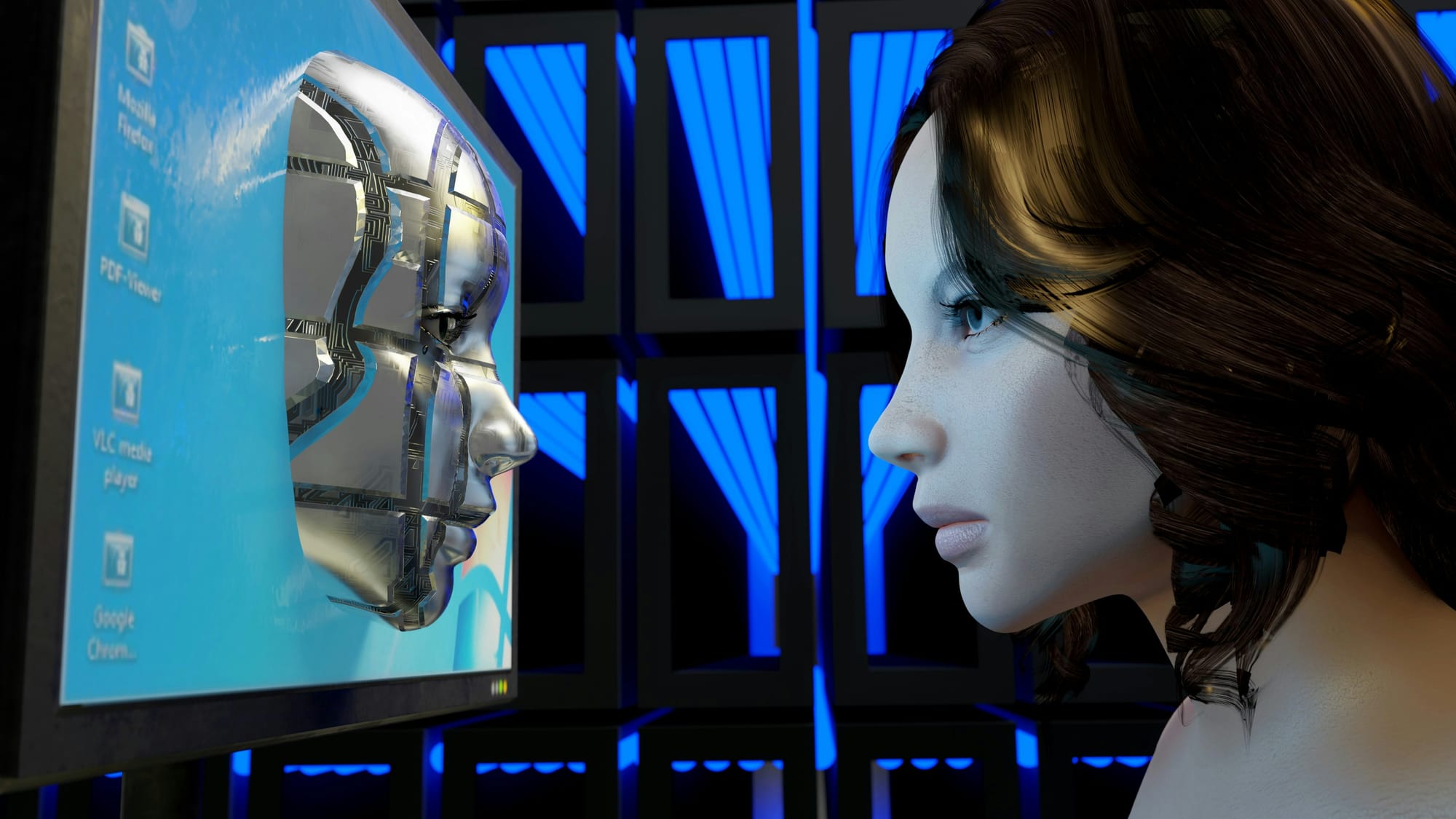 A woman faces a computer screen displaying a metallic AI face mirroring her profile.