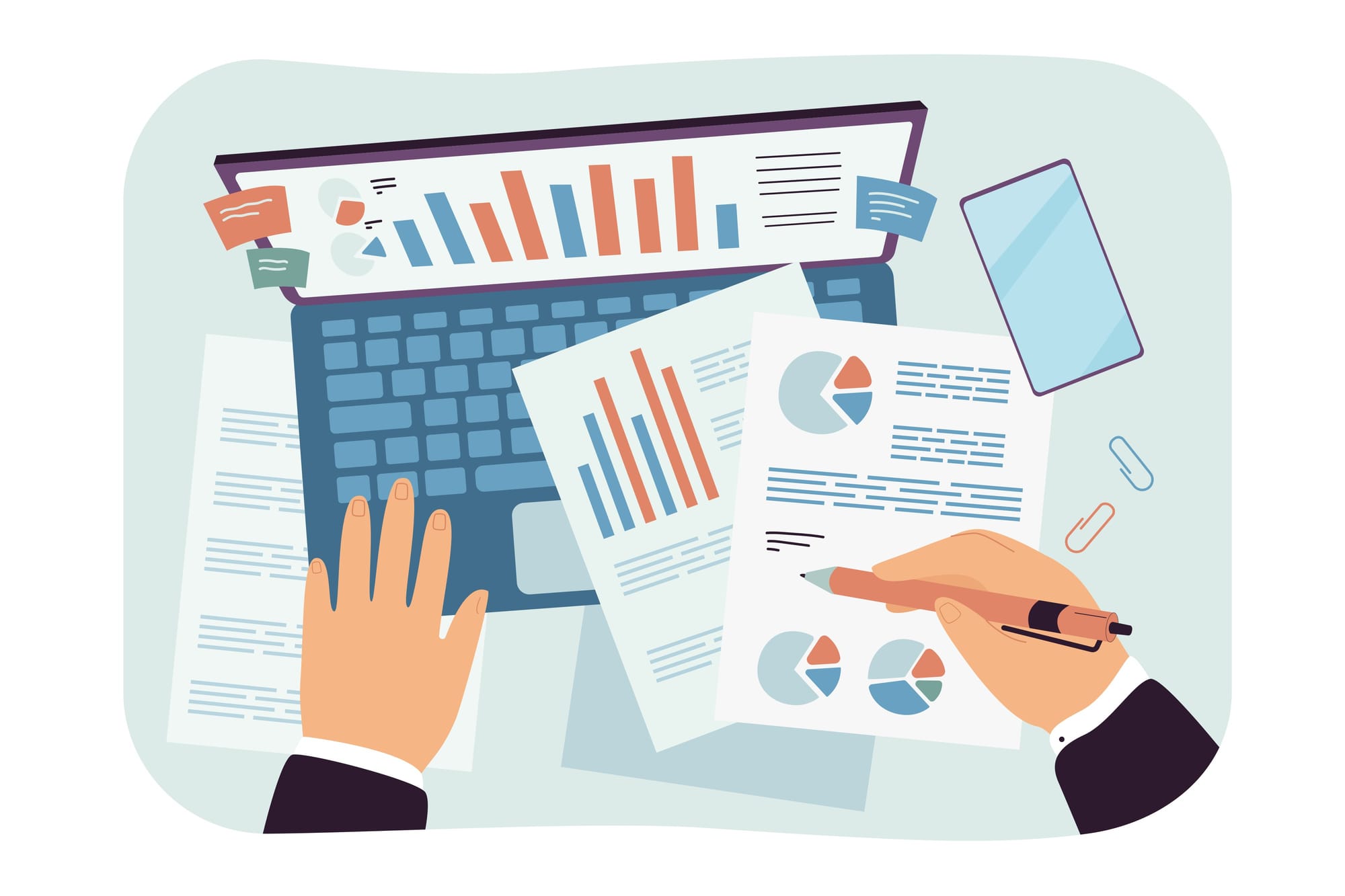 Illustration of a desk with a laptop, charts and business reports.