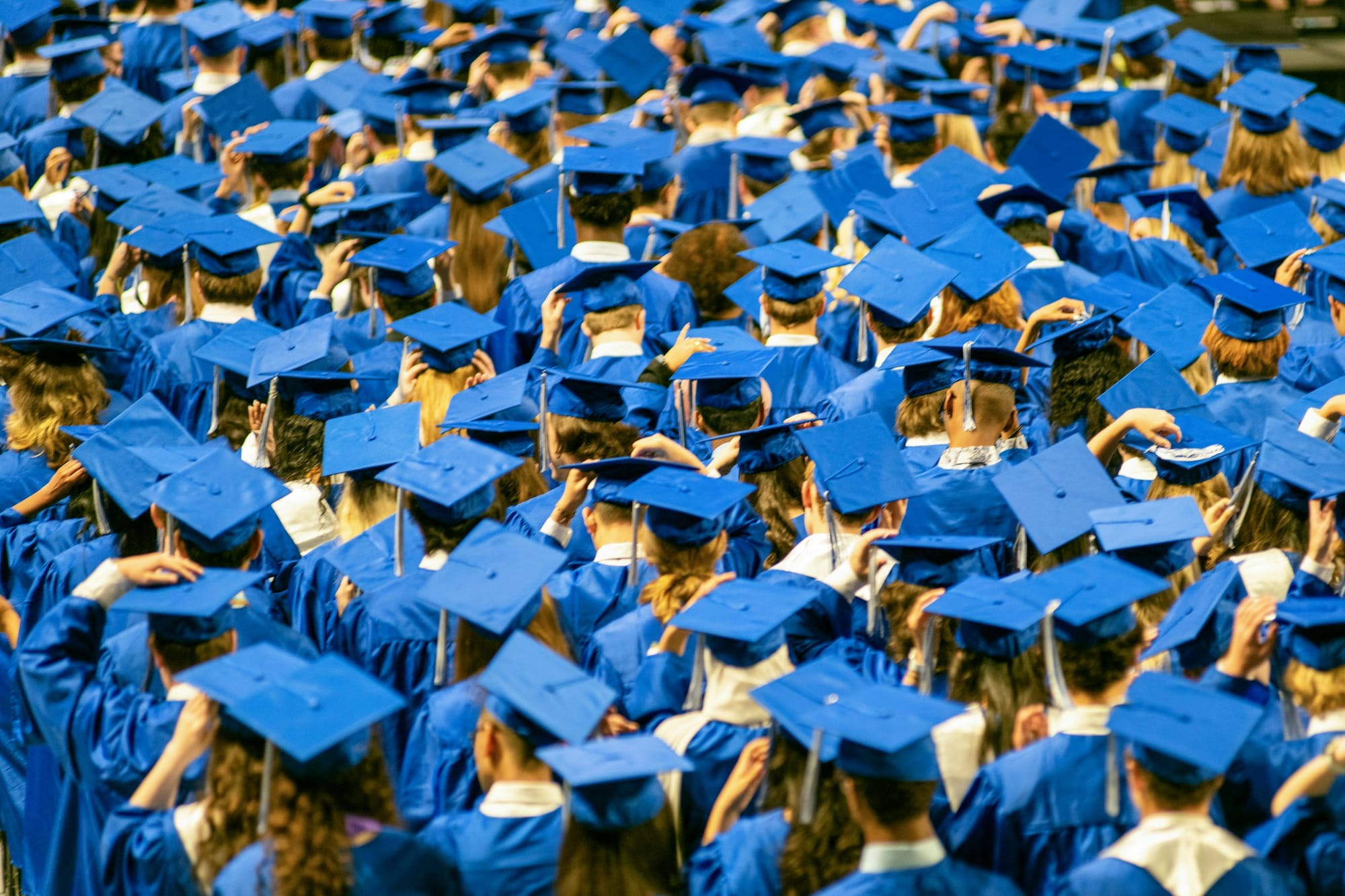 Sea of graduates in blue caps and gowns viewed from behind at a ceremony