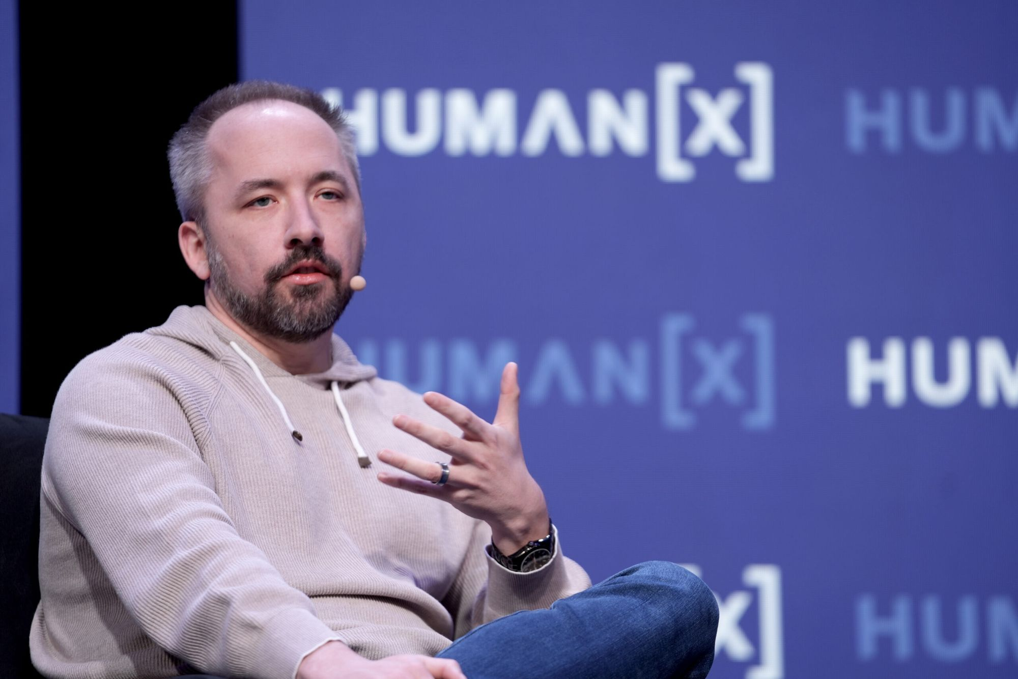 Dropbox CEO Drew Houston speaking at the HumanX conference in 2025 in Las Vegas.