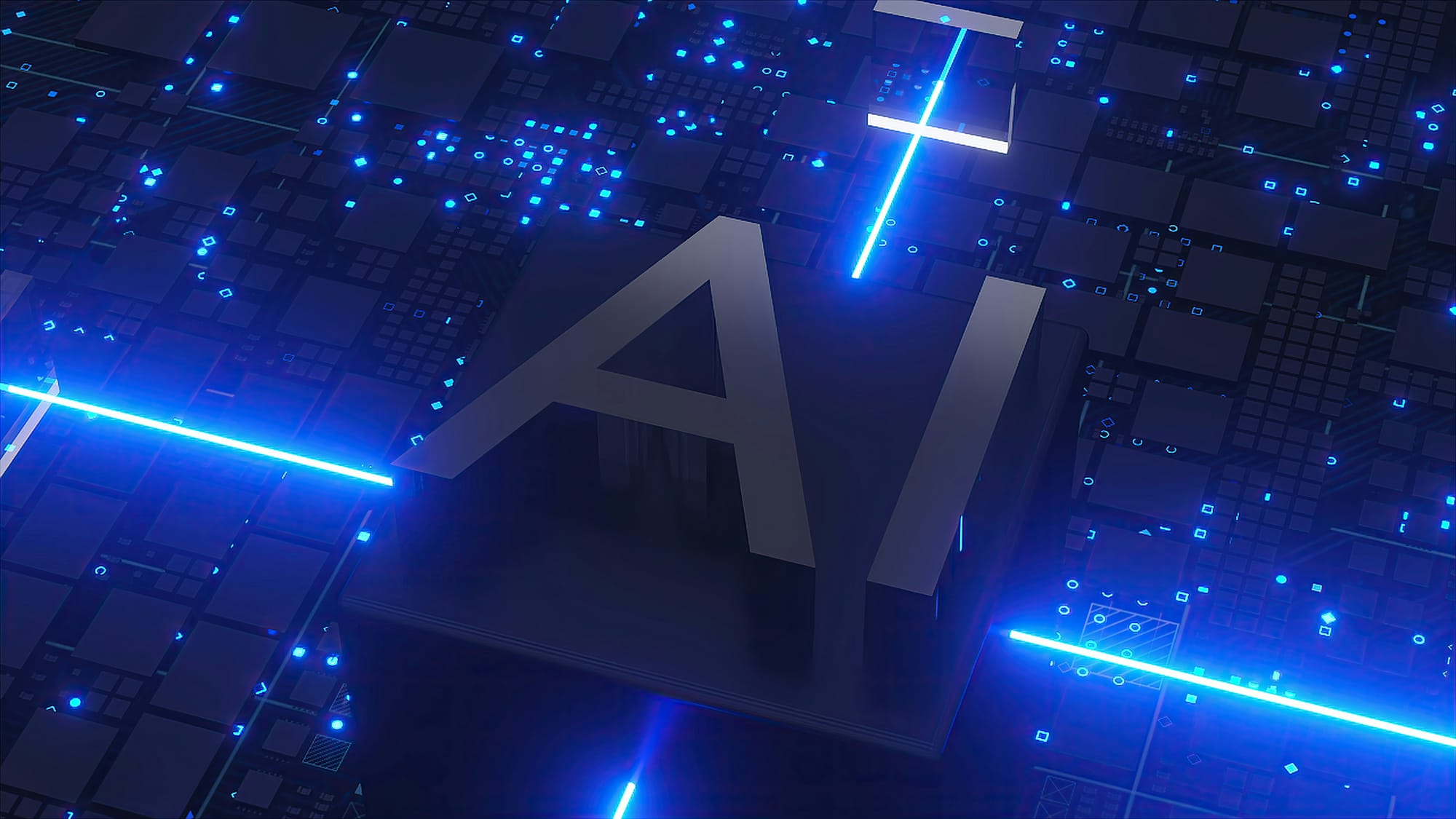 3D rendering of the letters "AI" on a dark circuit board with glowing blue light beams