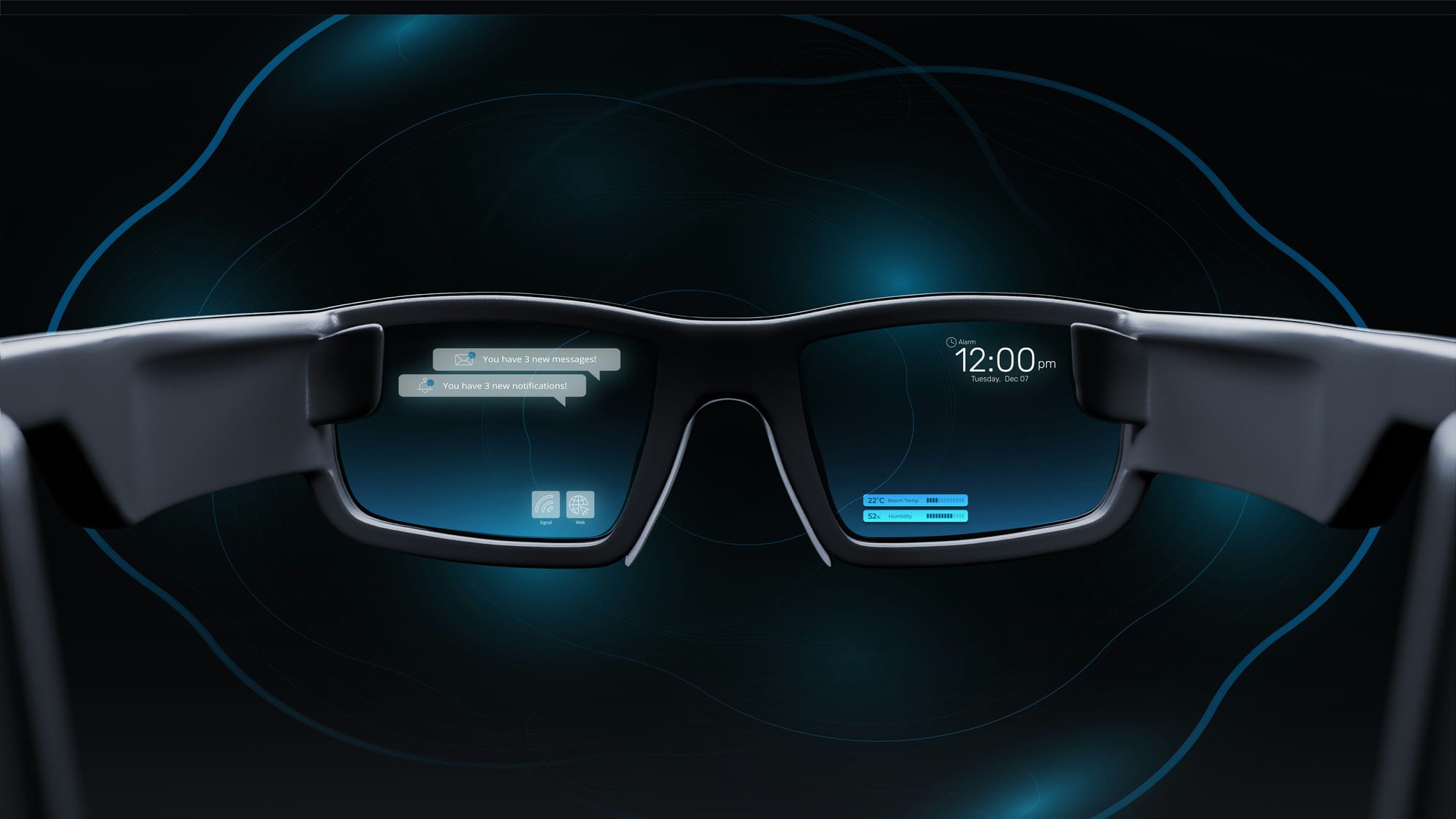 Close-up of smart glasses displaying augmented reality notifications and interface elements.