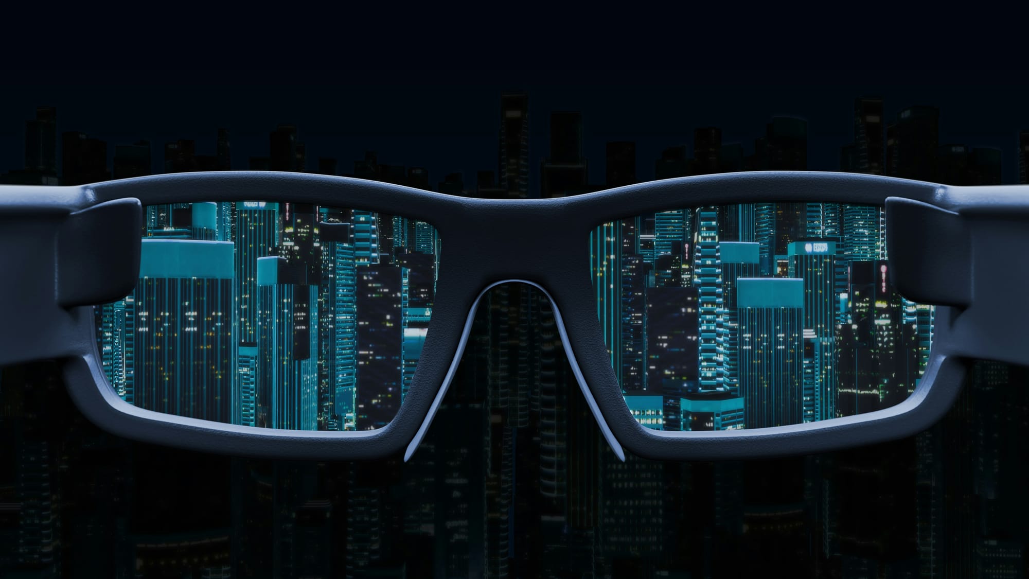Looking at futuristic city through pair of smart glasses.