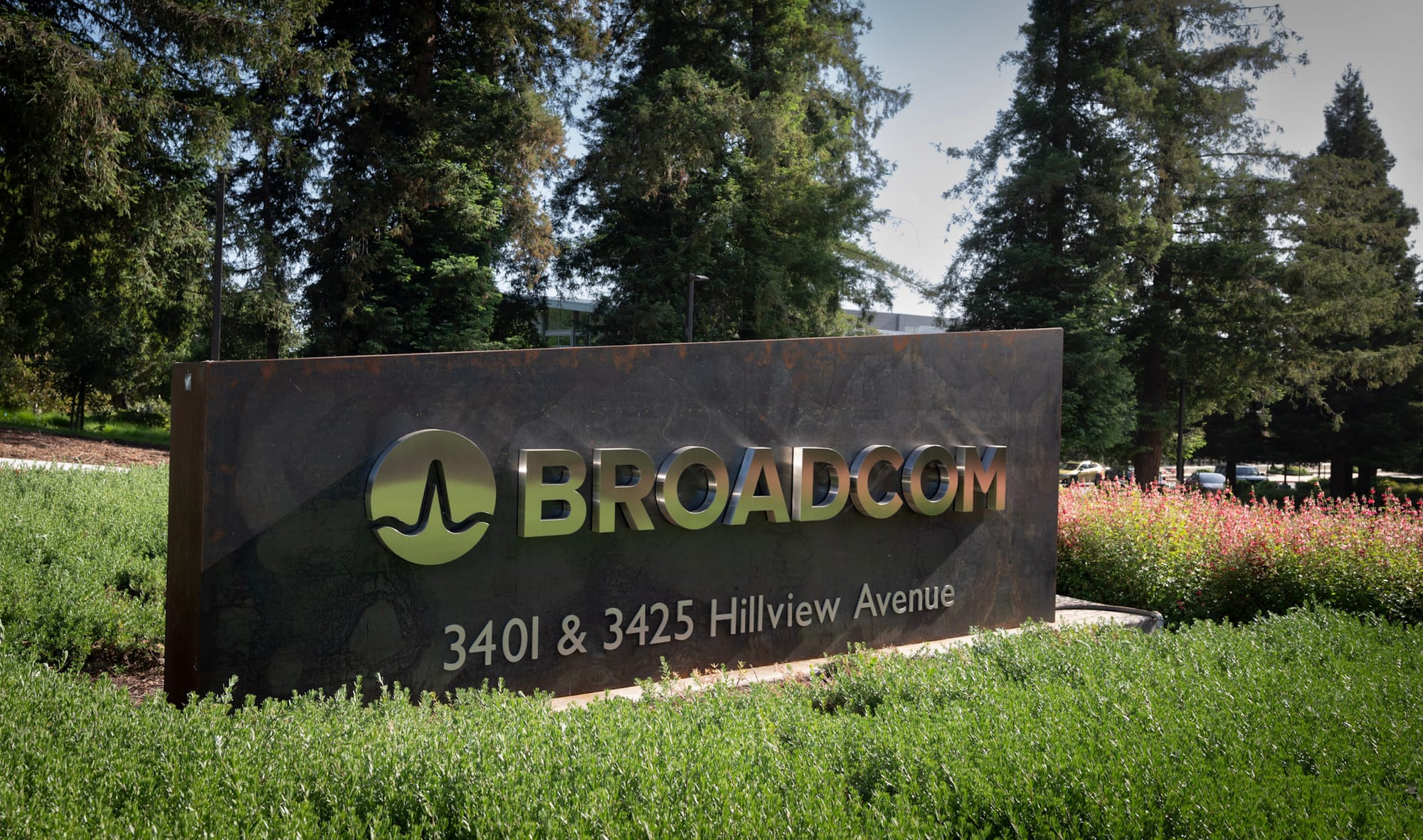 Broadcom headquarters sign at 340 & 3425 Hillview Ave in Palo Alto, CA.