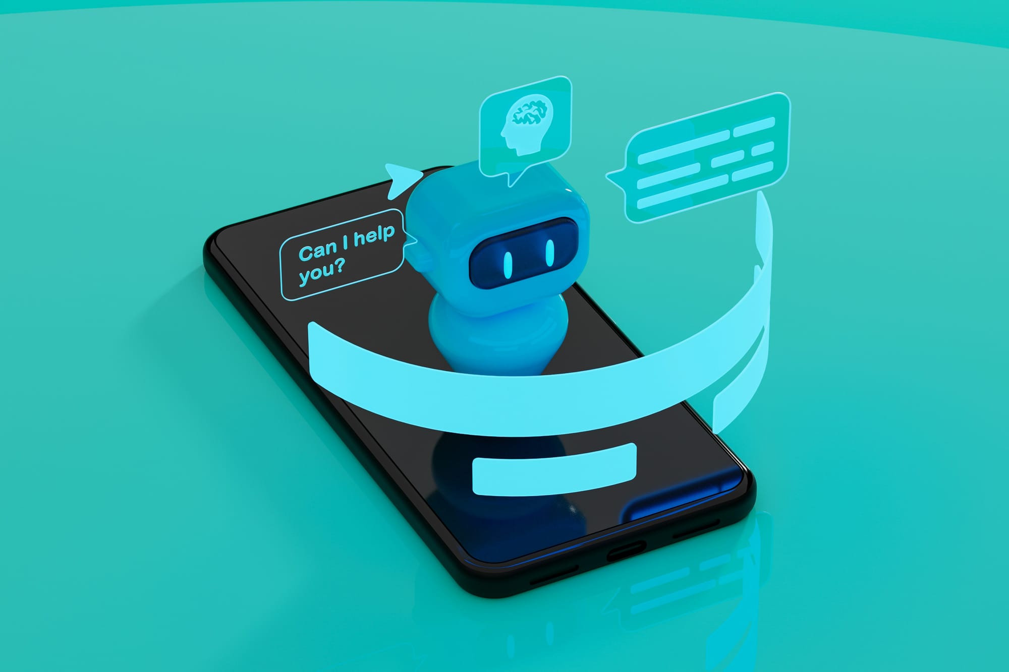 Bot on top of smart phone with speech bubble: "Can I help you?"