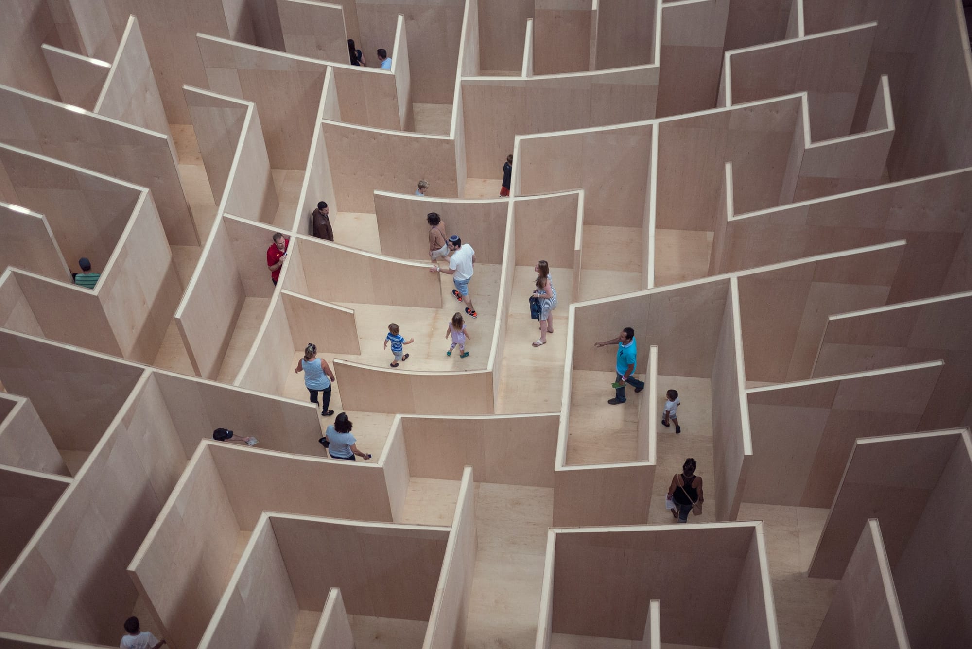 Group of people wandering in a wooden maze.
