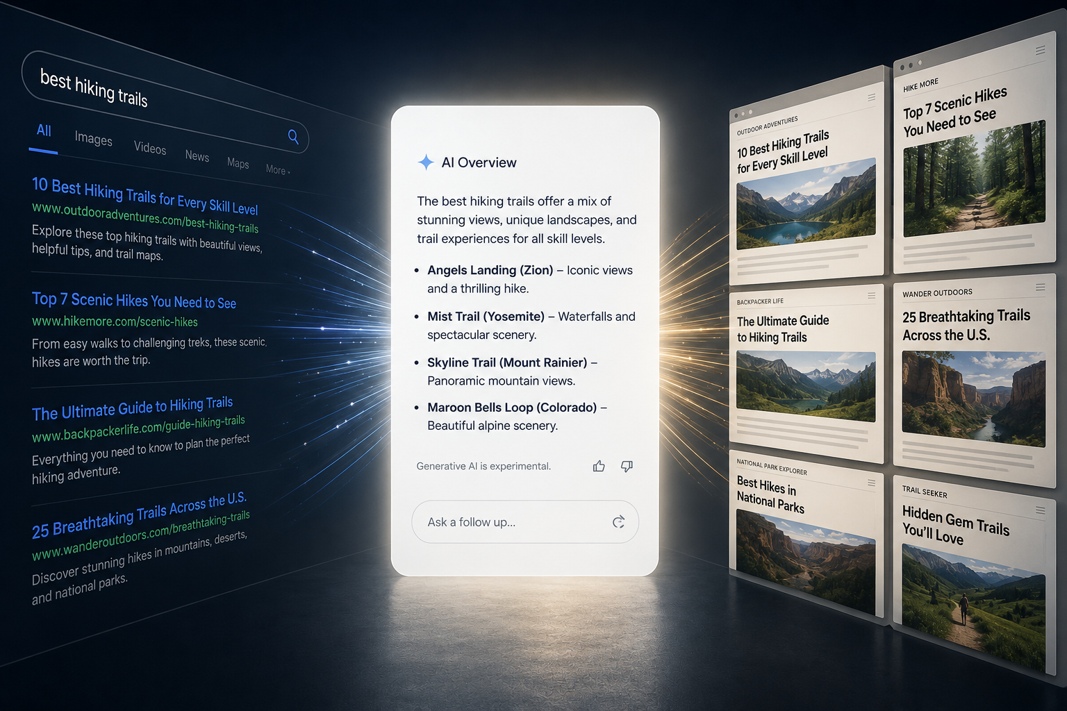 Concept illustration of AI search summarizing information from search results and websites.