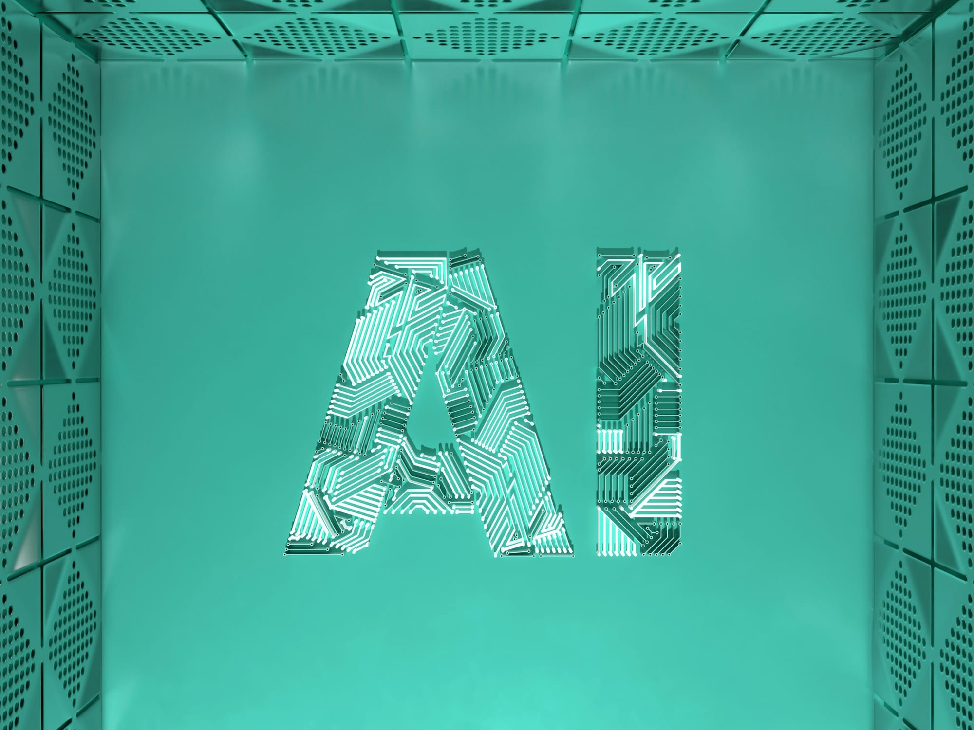 Stylized AI lettering made of circuit-board traces inside a futuristic metallic enclosure.