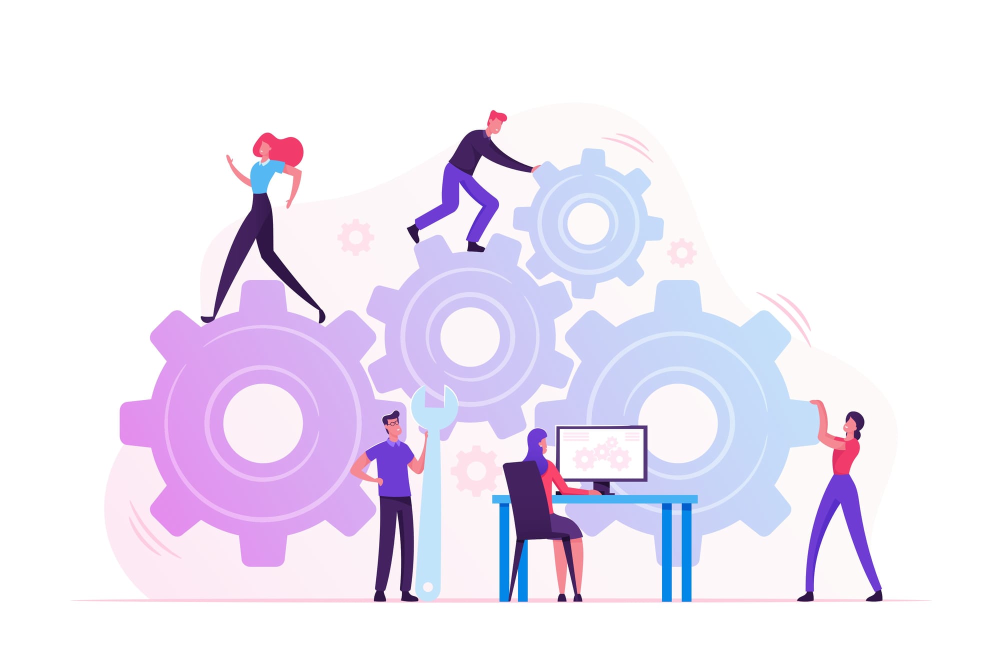 Illustration of people working around interconnected gears, symbolizing structured business processes and workflow automation.