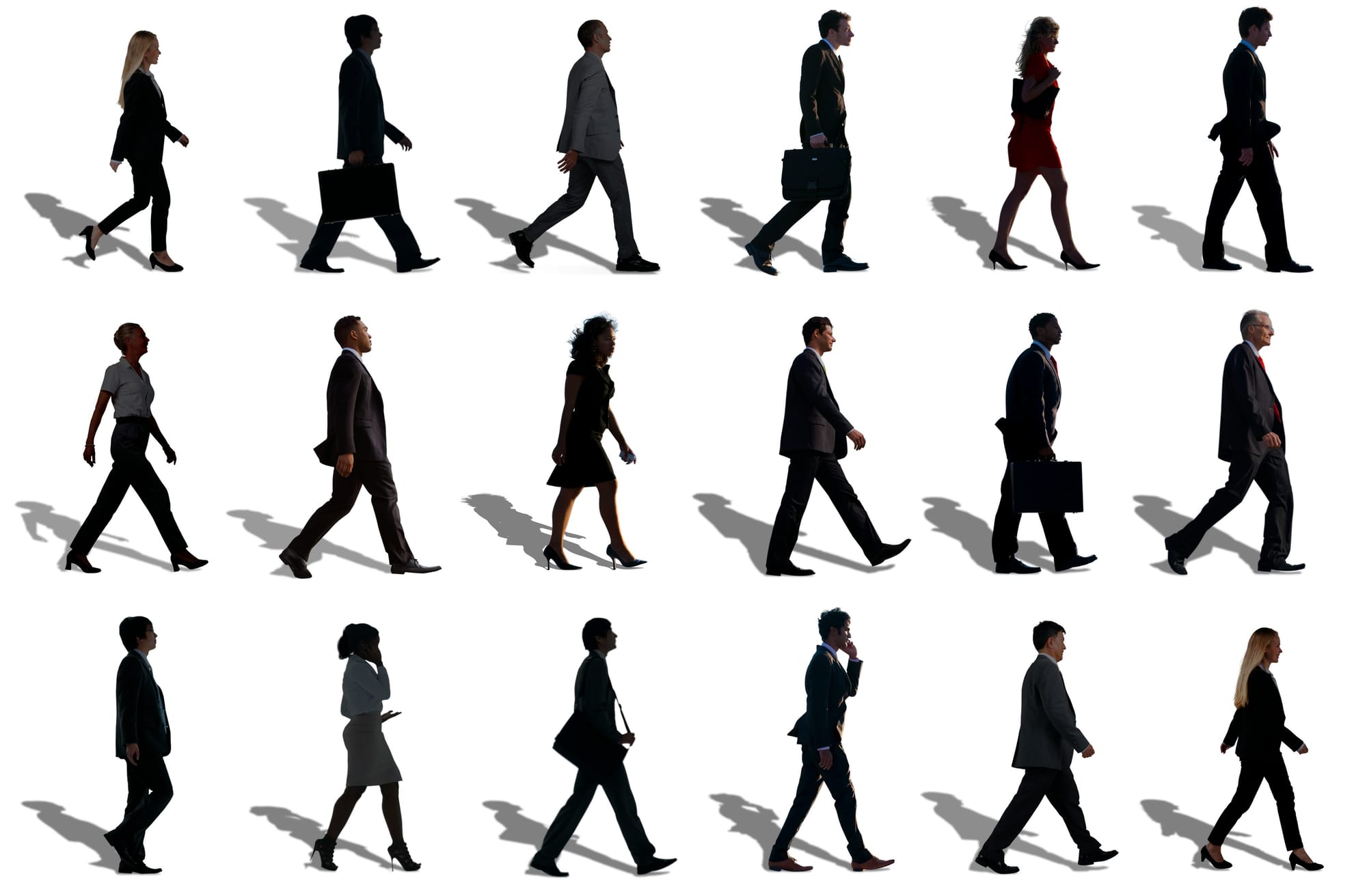 Businesspeople walking in rows against a white background, casting long shadows.