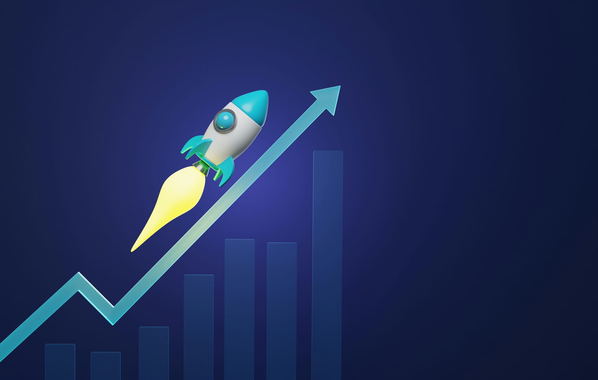 Stylized graph with arrow pointing up and cartoon rocket ship on top of the upward pointing arrow.