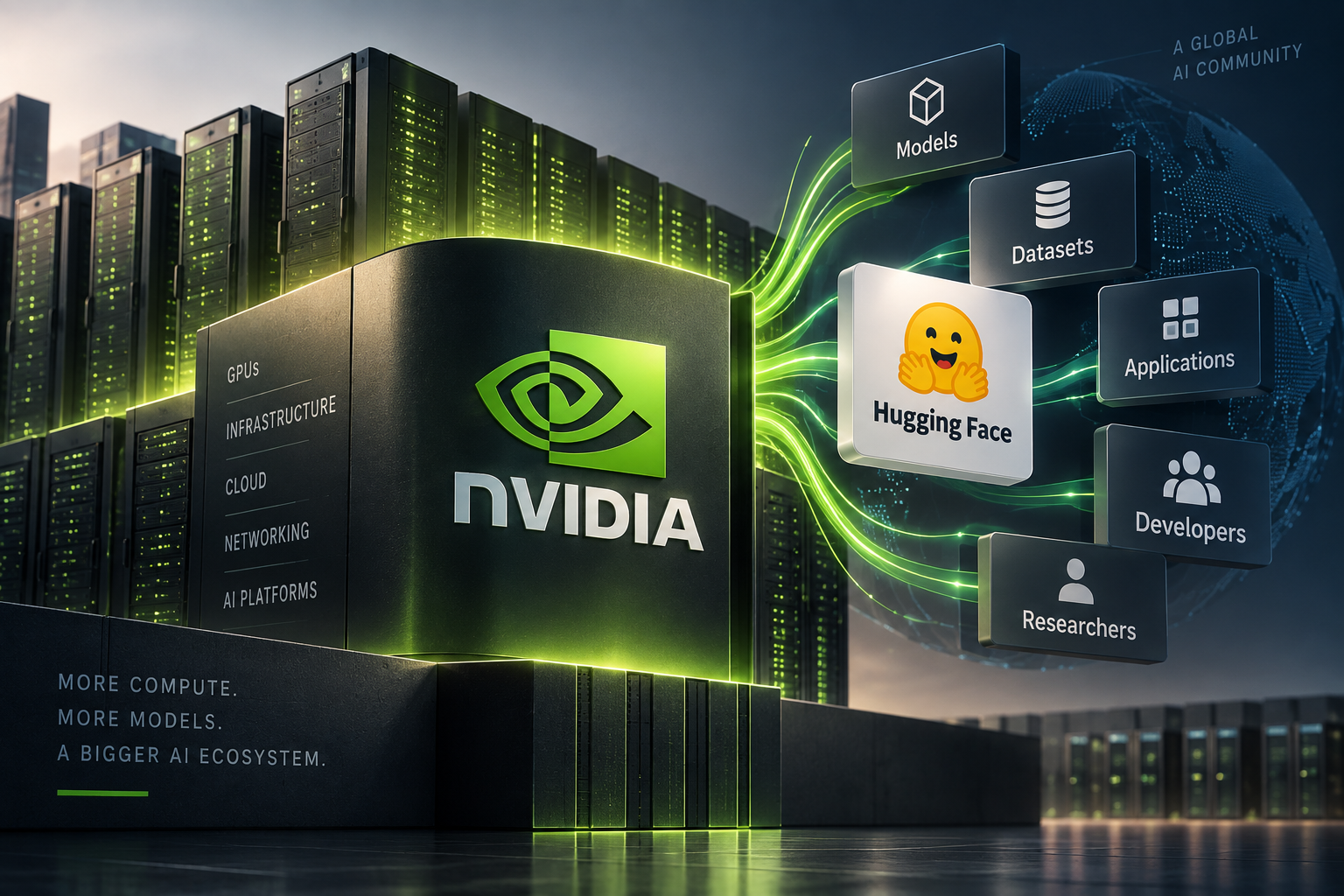 Illustration showing Nvidia expanding its AI ecosystem through acquisition of Hugging Face.