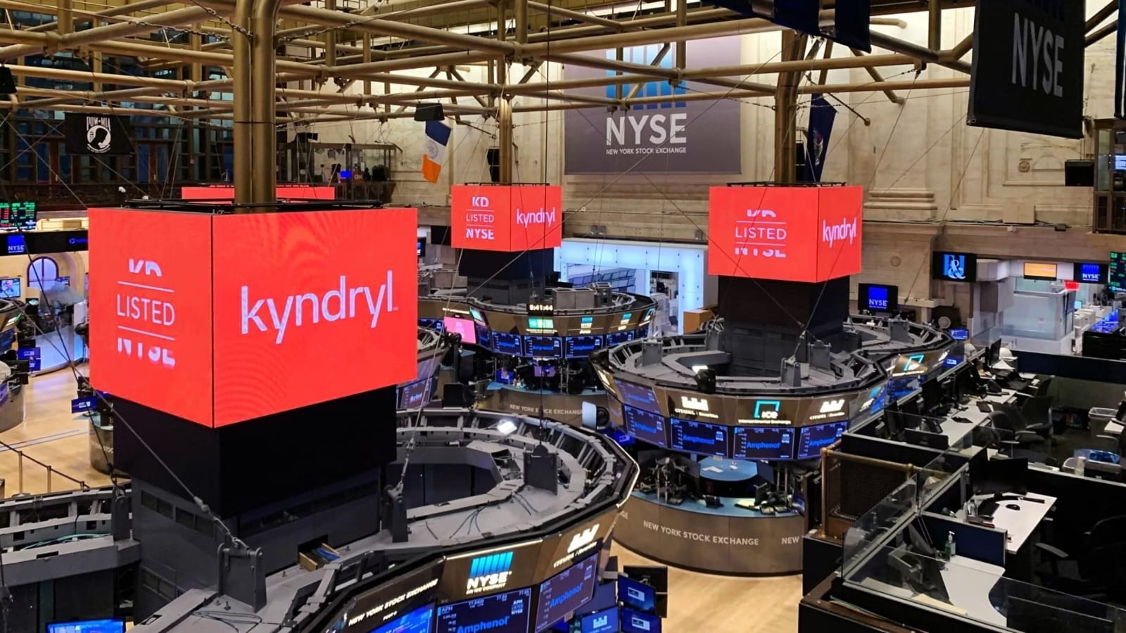 Kyndryl signage displayed across the New York Stock Exchange trading floor.