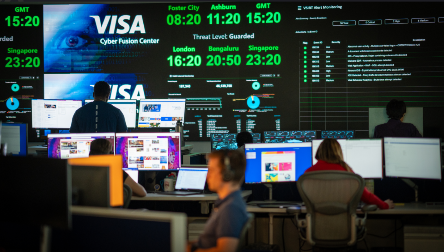 Visa employees monitor cybersecurity threats at the company’s Cyber Fusion Center.