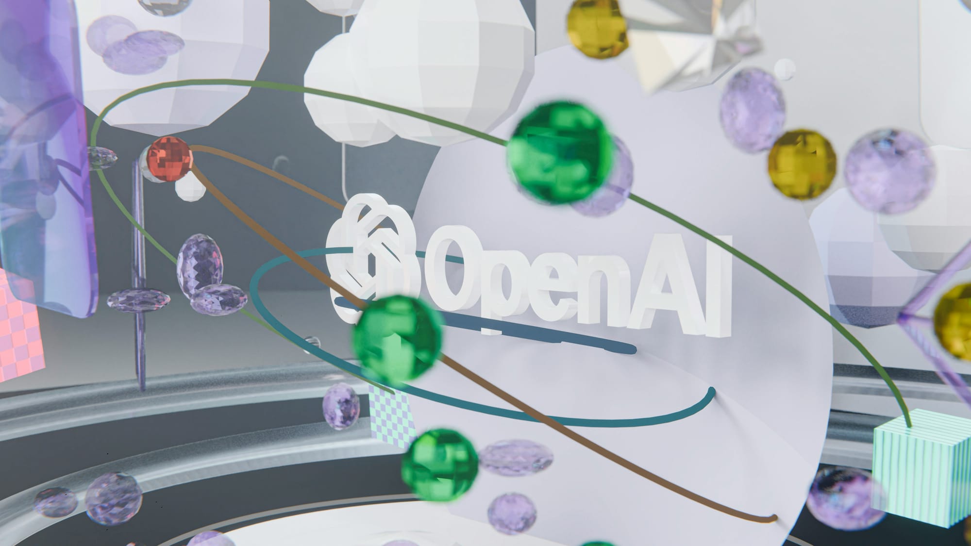 Abstract illustration featuring the OpenAI logo surrounded by colorful geometric shapes.