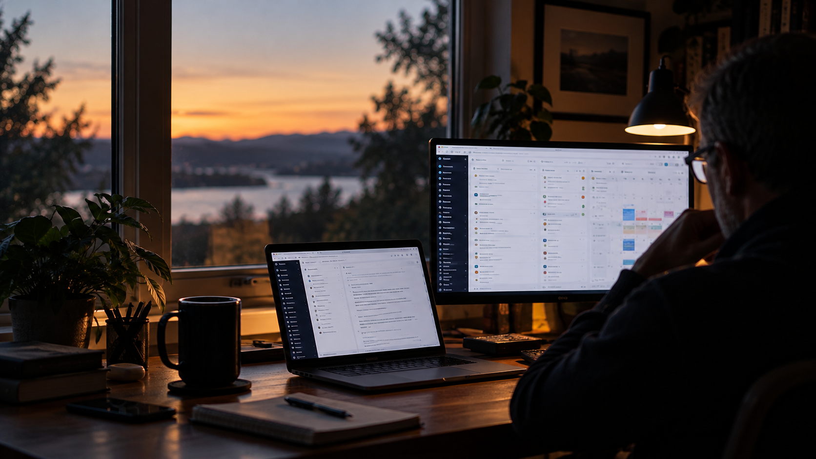 Silhouetted person working at a computer in a home office overlooking a lake at sunset.