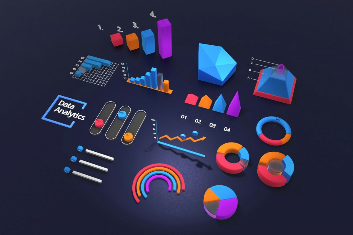 Colorful graphs and charts on black background