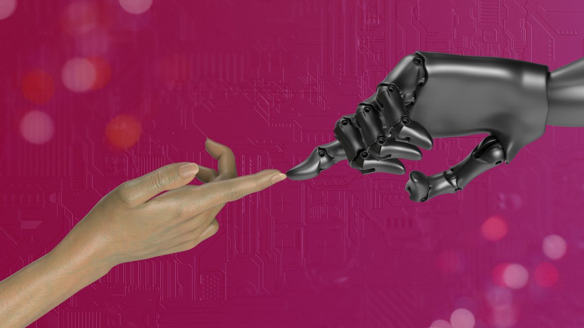 Robot finger touching a human finger over a pink background.