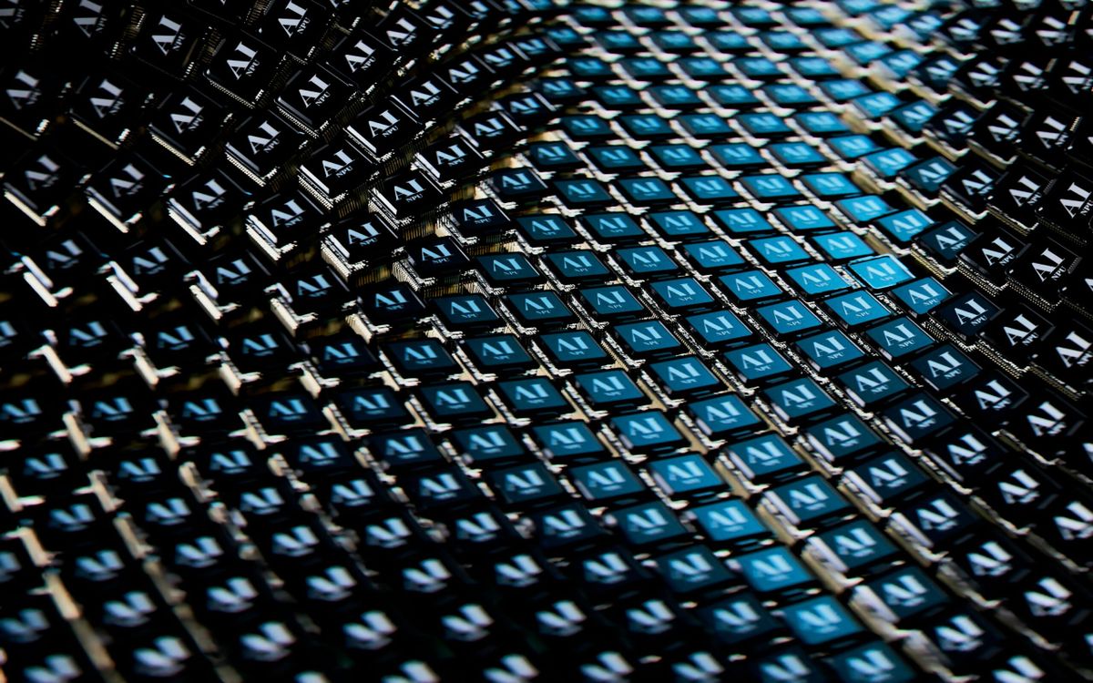 Close-up view of rows of computer chips labeled “AI,” arranged in a grid pattern with alternating blue and black colors, crea