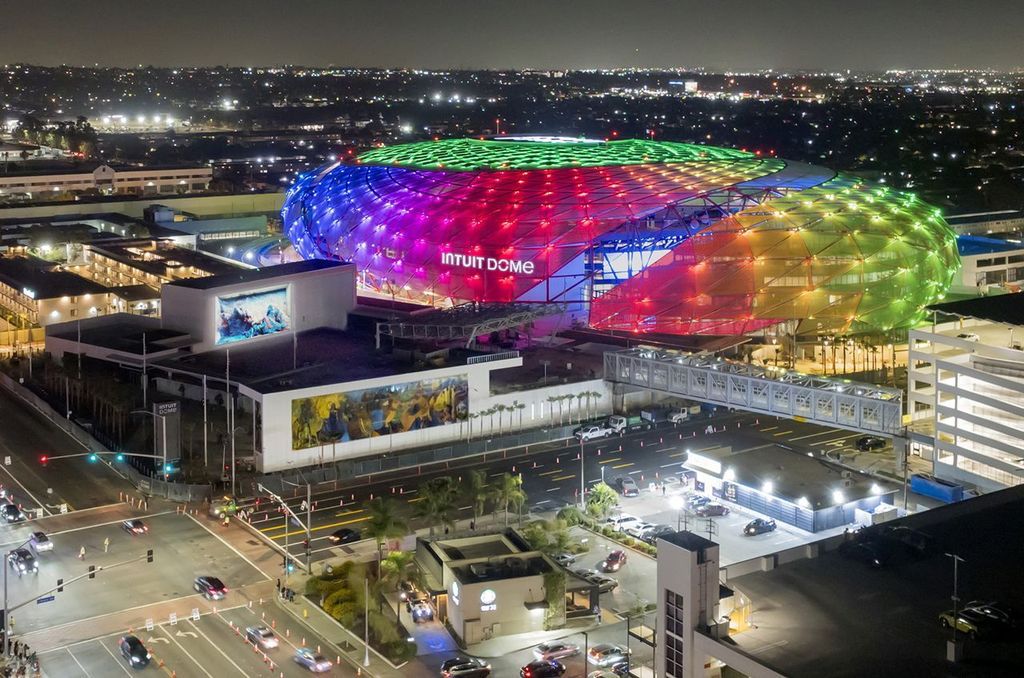 Drone shot of exterior of Intuit Dome in Los Angeles, home of the LA Clippers.